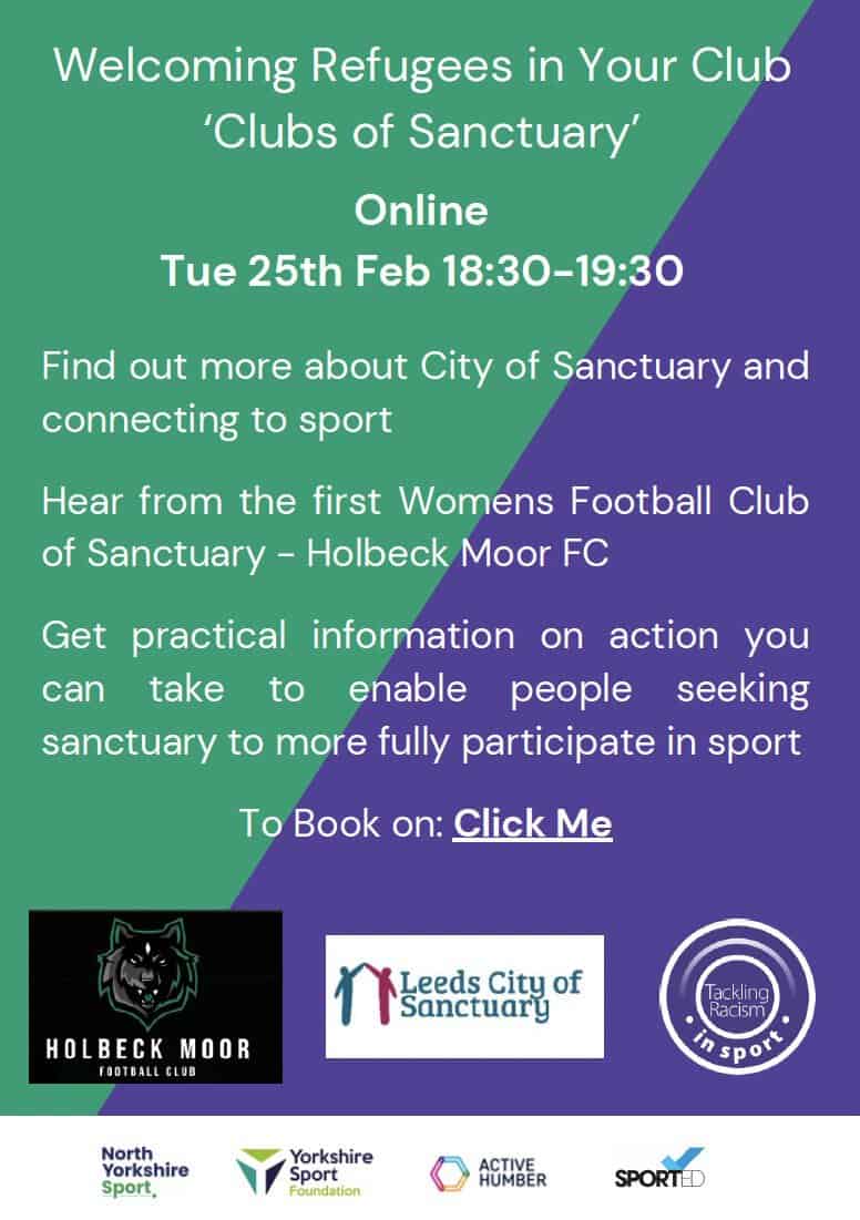 VoluntaryActionLeeds (@volactionleeds) on Twitter photo Welcoming Refugees in Your Club - βClubs of Sanctuaryβ Online event π
π
25 February 2025
π°οΈ6.30pm - 7.30pm
π’Online
For details and to join this eventπow.ly/rbIg50V1eLg
<a href="/HolbeckMoorWFC/">Holbeck Moor F.C Women</a>
@leedscityofsanc
@yorkshiresport
@westridingfa
<a href="/NorthYorksSport/">North Yorkshire Sport</a>
<a href="/ActiveHumber/">Active Humber</a>. Welcoming Refugees in Your Club - βClubs of Sanctuaryβ Online event π
π
25 February 2025
π°οΈ6.30pm - 7.30pm
π’Online
For details and to join this eventπow.ly/rbIg50V1eLg
<a href="/HolbeckMoorWFC/">Holbeck Moor F.C Women</a>
@leedscityofsanc
@yorkshiresport
@westridingfa
<a href="/NorthYorksSport/">North Yorkshire Sport</a>
<a href="/ActiveHumber/">Active Humber</a>.