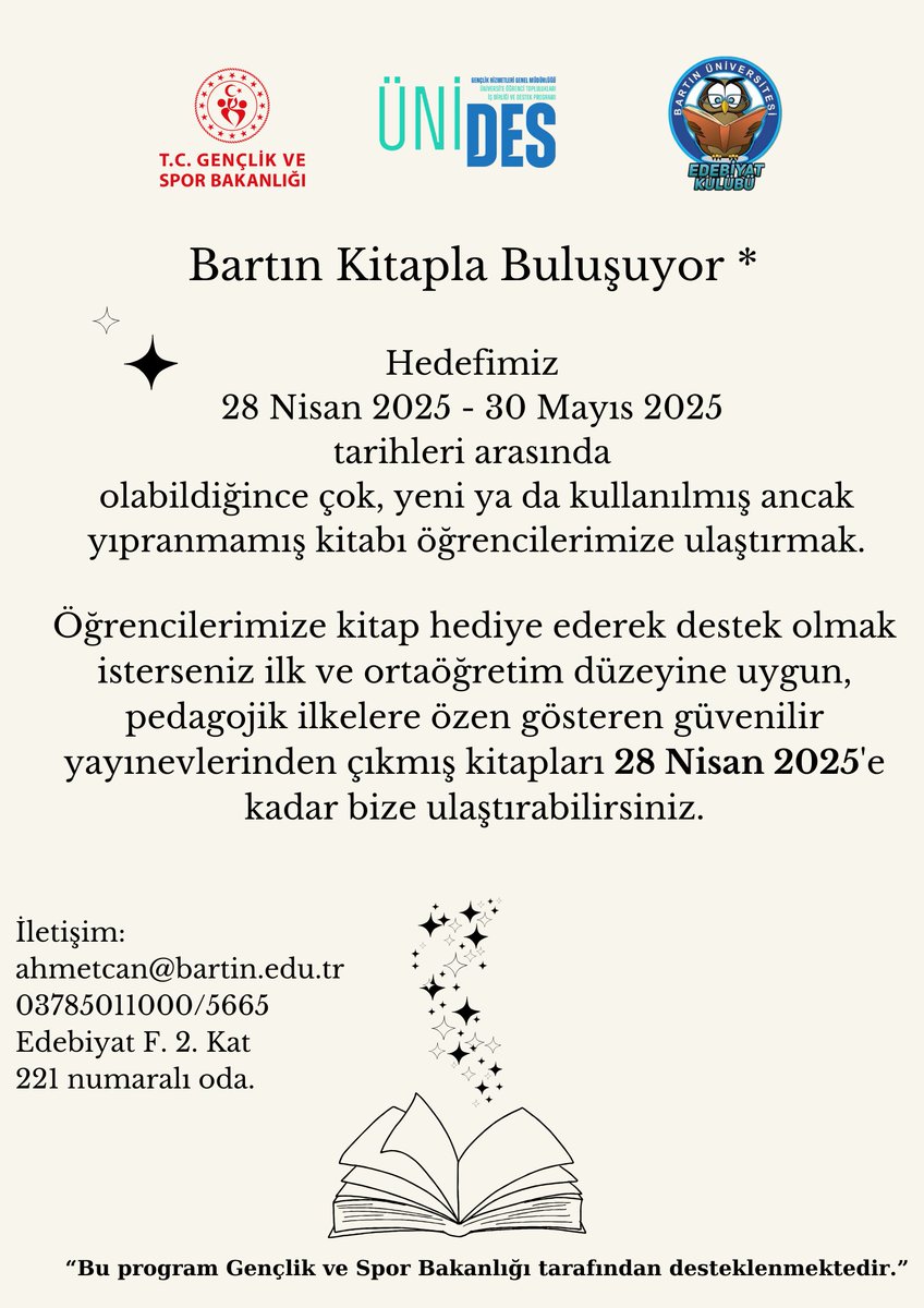 Edebiyat Kulübümüzün başlattığı "Bartın Kitapla Buluşuyor" projesine desteklerinizi bekliyoruz. ✨📷#bartınkitaplabuluşuyor
@baruedebiyatfak
<a href="/baruedutr/">Bartın Üniversitesi</a>
<a href="/bartinedbkulubu/">Bartın Edebiyat Kulübü</a>
