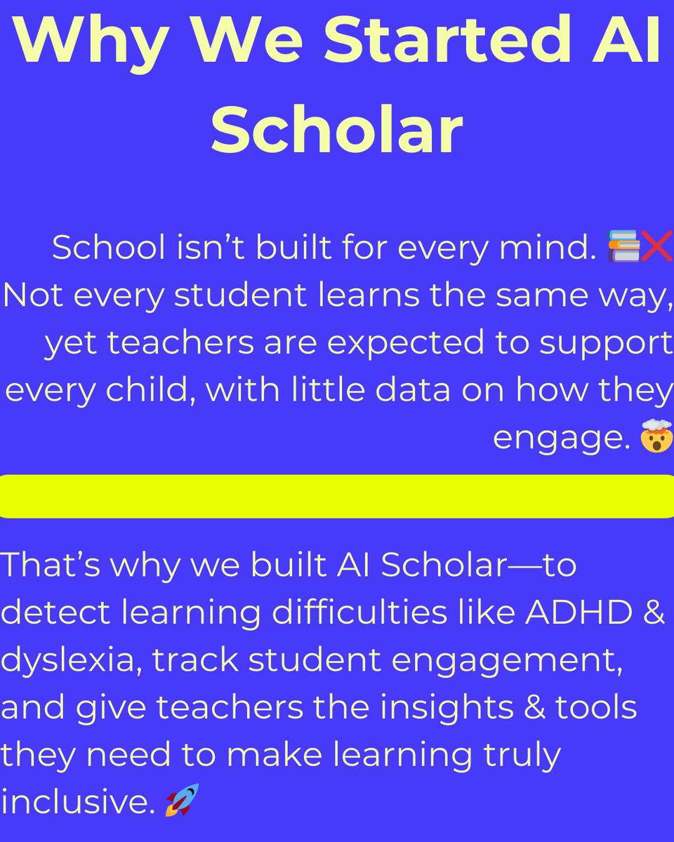AI__Scholar's tweet photo. Every child deserves a learning experience that works for them. 🧠✨ At AI Scholar, we're using AI to help teachers detect learning differences like ADHD &amp; dyslexia early, track engagement, and create more inclusive classrooms. Because no student should be left behind. 💡#EdTech https://t.co/hsJYcnON2m