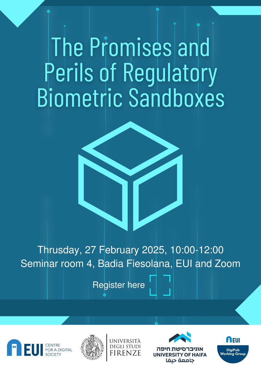 Natalia Menéndez González (she/her) (@nataliamenndez2) on Twitter photo Join us on 27 February from 10 to 12 CET to discuss "The Promises and Perils of Regulatory Biometric Sandboxes" together with <a href="/asimonci/">andrea simoncini</a> <a href="/yarmak_alena/">Alena Yarmak</a> <a href="/fabioseferi/">Fabio Seferi</a> <a href="/magnusmuhlbradt/">Magnus Mühlbradt</a> <a href="/MBotta81/">Marco Botta</a> <a href="/PLParcu/">Pier Luigi Parcu</a> and many more!
Register here: apps.eui.eu/EventRegistrat… Join us on 27 February from 10 to 12 CET to discuss "The Promises and Perils of Regulatory Biometric Sandboxes" together with <a href="/asimonci/">andrea simoncini</a> <a href="/yarmak_alena/">Alena Yarmak</a> <a href="/fabioseferi/">Fabio Seferi</a> <a href="/magnusmuhlbradt/">Magnus Mühlbradt</a> <a href="/MBotta81/">Marco Botta</a> <a href="/PLParcu/">Pier Luigi Parcu</a> and many more!
Register here: apps.eui.eu/EventRegistrat…