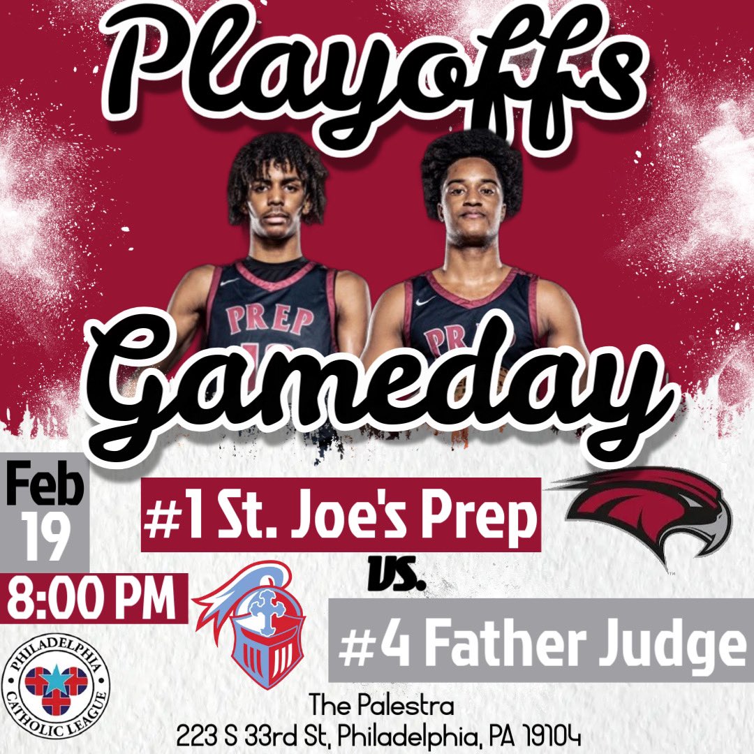 SJP_BB's tweet image. 🚨GAMEDAY🚨

PCL Semifinals
🏀 Record: 18-5 (13-1)
🆚 #4 Father Judge
⏰ 8:00 pm
📍The Palestra
🎟️ pennathletics.evenue.net/cgi-bin/ncomme…
📺 Pay-per-view: portal.stretchinternet.com/SFBN/

#GoPrep #AMDG #BeAboutIt