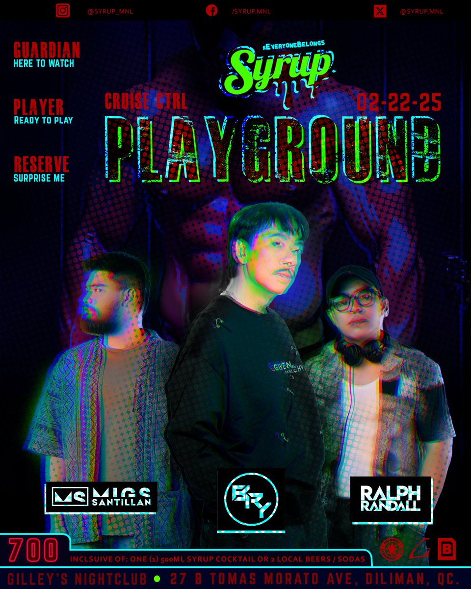 Ready for another play time? See you on Feb 22, Saturday at Gilley's Club for another cruise and party by our amazing DJs -

<a href="/djbriancua/">BRY 😏🎧🎹</a> 
<a href="/migs_santi/">Migs Batenga-Santillan🧔🏻</a> 
@/ralphrandall

Doors open at 9pm
DM for tables and ticket reservations or  link below:
tinyurl.com/Syrup-Feb22

#ComeHaveATaste
