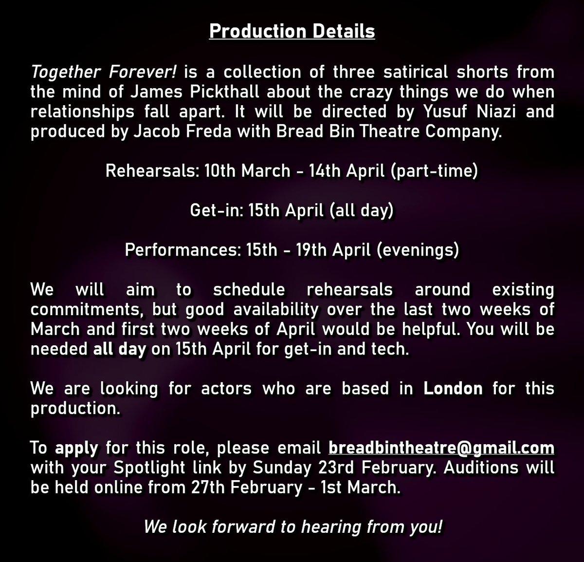 We are #casting for a female-presenting* actor to play the roles of Ally &amp; Grace in our upcoming production of Together Forever! at <a href="/BreadandRosesTC/">The Bread & Roses Theatre</a>. We are looking for an actor with good comic instincts who is comfortable with multi-rolling.