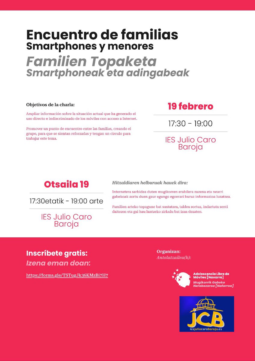 🔊🔊 Hoy a las 17:30, aula 101, charla sobre "Smartphones y menores", dirigida a las familias y profesorado que quieran asistir. #adolescenciasinmoviles