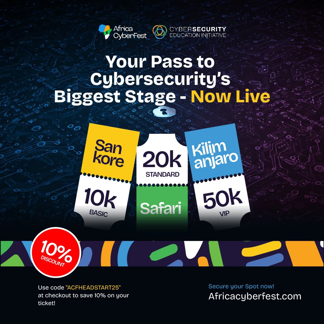 africacyberfest's tweet photo. Front-row seat to the cyber revolution? Or just watching from the sidelines? 

Your call. 🎟️

Sankore (Basic) – 10K → Step in. Stay sharp.
Safari (Standard) – 20K → More access. More action.
Kilimanjaro (VIP) – 50K → No barriers. No limits. All in.

The clock’s ticking. Early Bird prices won’t wait—secure your spot now!

🔗 https://t.co/sDlGoRCj6J