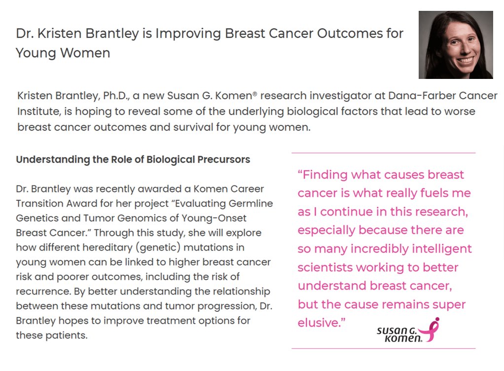 Dana-Farber’s Breast Oncology Center (@dfci_breastonc) on Twitter photo Kristen Brantley, Ph.D., a <a href="/SusanGKomen/">Susan G. Komen</a> funded researcher, is investigating the underlying biological factors that lead to worse #BreastCancer outcomes and survival for younger women, with the hope of finding better, more personalized treatments for these patients. Read more Kristen Brantley, Ph.D., a <a href="/SusanGKomen/">Susan G. Komen</a> funded researcher, is investigating the underlying biological factors that lead to worse #BreastCancer outcomes and survival for younger women, with the hope of finding better, more personalized treatments for these patients. Read more