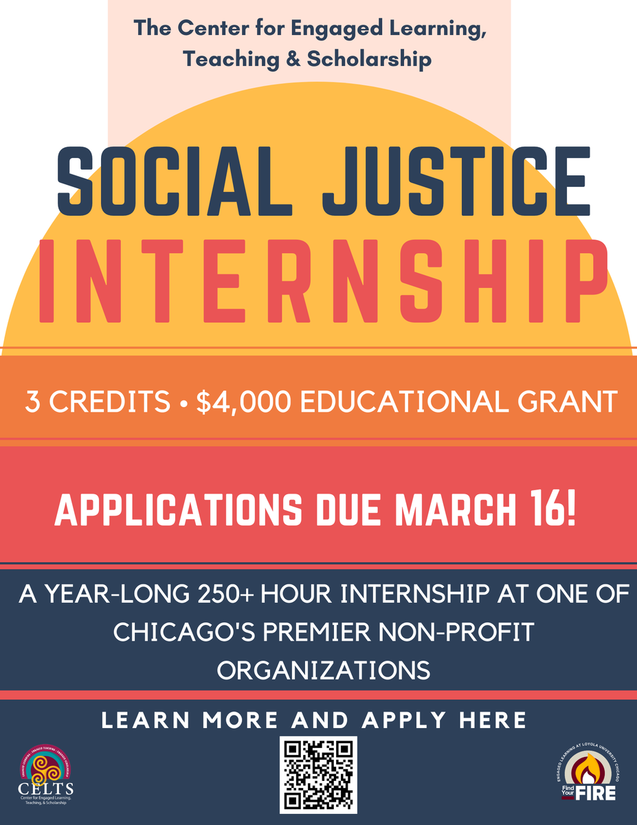 LUC_CELTS's tweet photo. Students, considering applying for the Social Justice Internship! You could gain 3 credit hours in the spring for your internship and a $2,000 grant each semester🤩!! Applications are due March 16th!

#celts #celtsatluc #loyolachicago https://t.co/1qSgI9KVCk