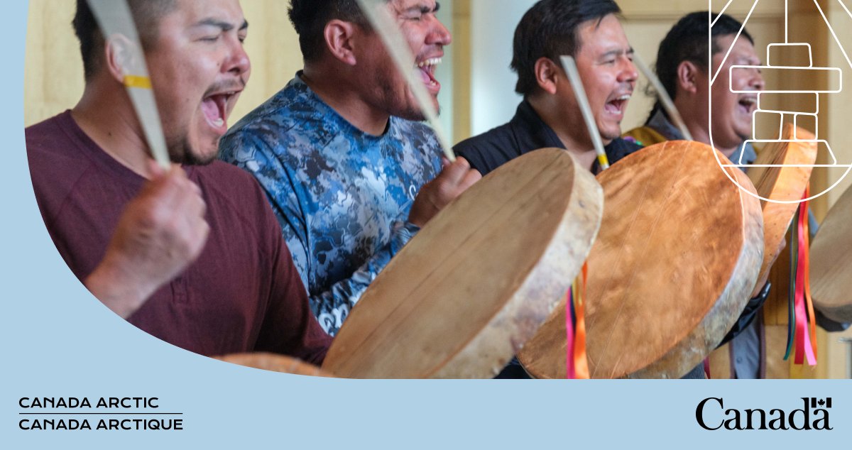 Members of the Yellowknives Dene First Nation perform a drum dance song at the entrance hall of the Northwest Territories Legislative Assembly. Drum dance songs are one of four kinds of traditional Dene music.