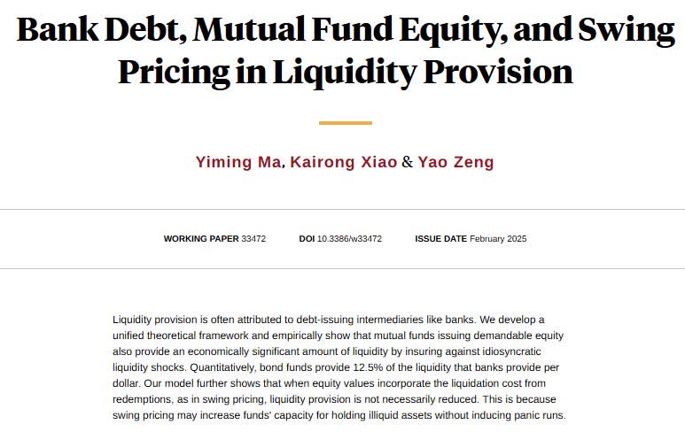 Developing a unified theoretical framework and empirically showing that mutual funds issuing demandable equity provide an economically significant amount of liquidity by insuring against idiosyncratic liquidity shocks, from <a href="/yiming__ma/">Yiming Ma</a>, <a href="/kairong_xiao/">Kairong Xiao</a>, and Yao Zeng