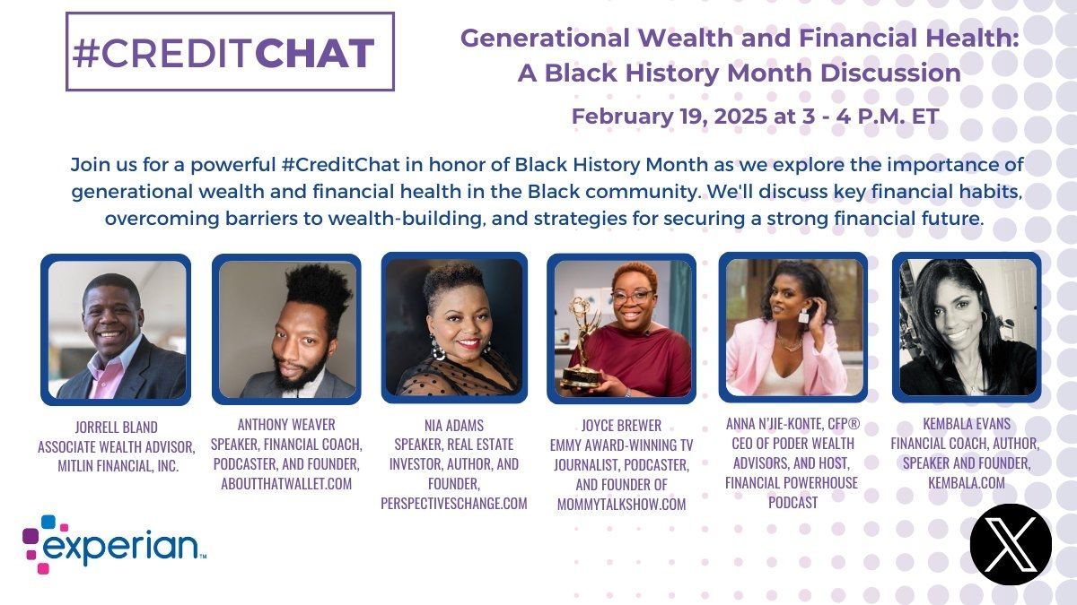 2 hours away!
Don’t miss today’s #CreditChat Black History Month discussion on Generational Wealth and Financial Health. I’ll be chatting w/ <a href="/JReLLz35/">Jorrell Bland</a>, <a href="/aboutthatwallet/">About That Wallet®️ Podcast</a>, <a href="/perspectives83/">Nia</a>, <a href="/Kembala/">Kembala Evans</a>  and <a href="/anjiekonte/">Anna N'Jie-Konte, CFP® 🇵🇷🇬🇲</a>: experian.com/blogs/news/abo…