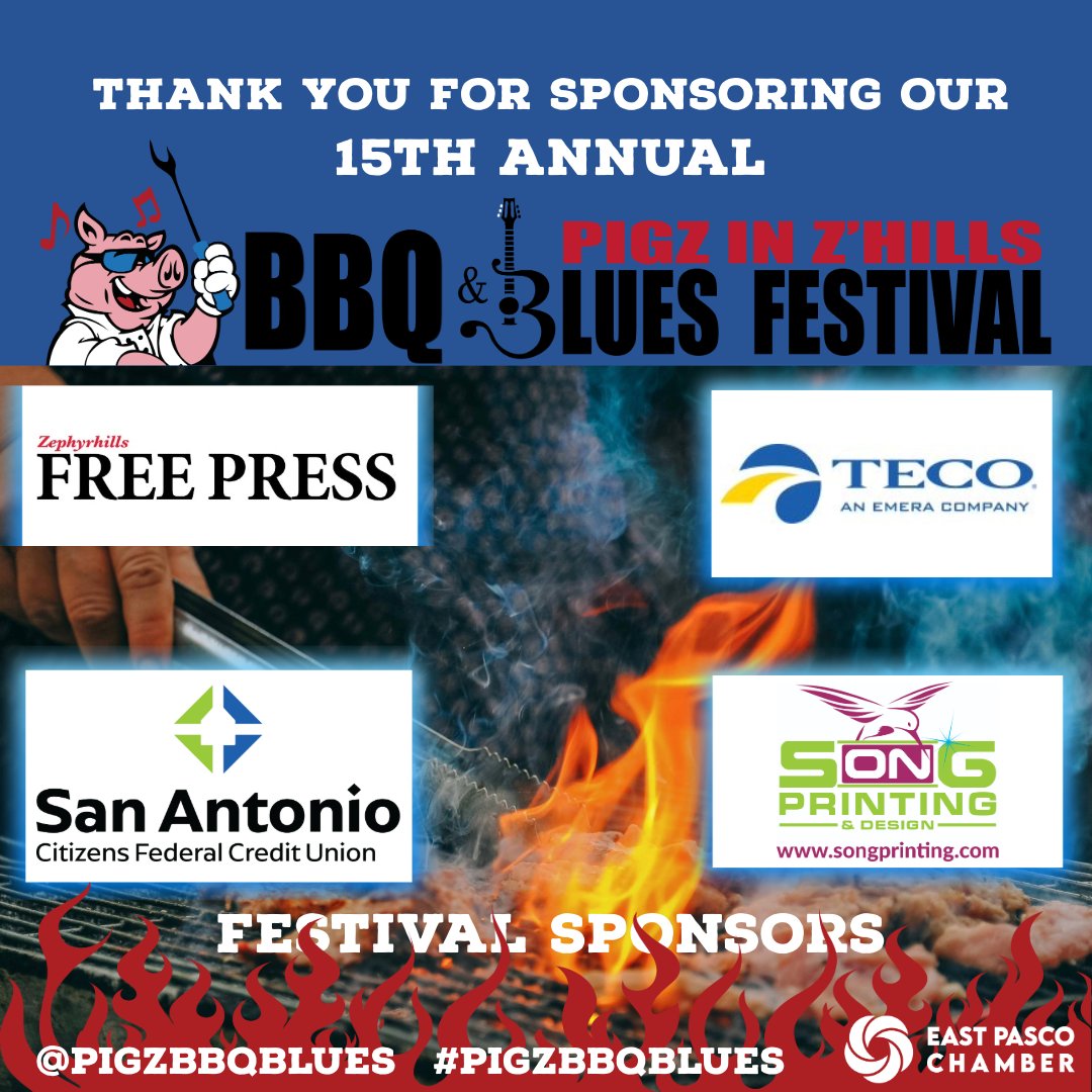 A huge thank you to Zephyrhills Free Press, TECO Energy, San Antonio Citizens Federal Credit Union, and Song Printing &amp; Design for sponsoring the 15th Annual Pigz in Z'Hills BBQ &amp; Blues Festival! Your support means the world to us!