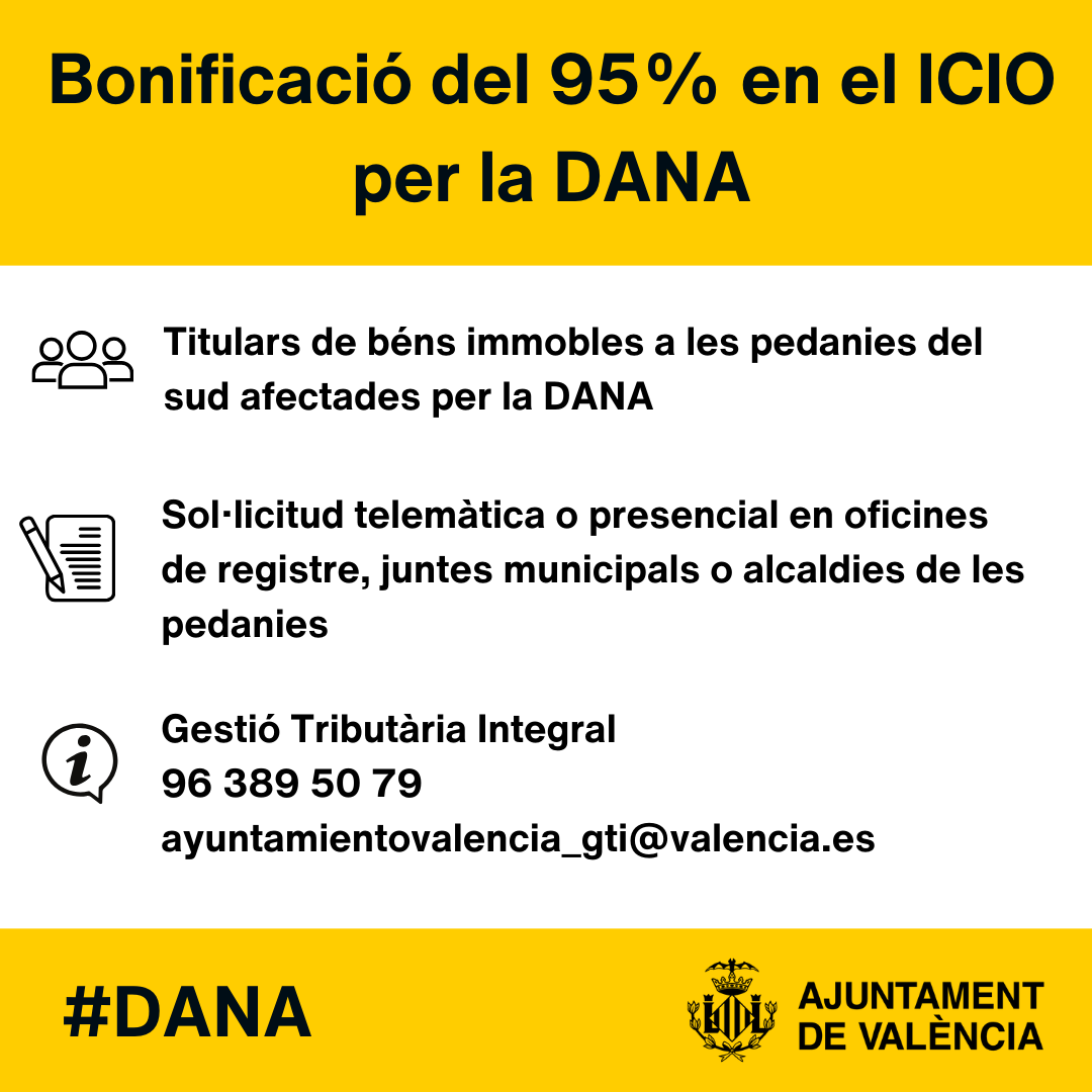 AjuntamentVLC's tweet photo. 📢 Troba tota la informació per sol·licitar la bonificació del 95% en el #ICIO per obres de reconstrucció a causa de la #DANA en el nostre web ⏩ https://t.co/YTQA5UwGL5 https://t.co/S51FDmPhgL
