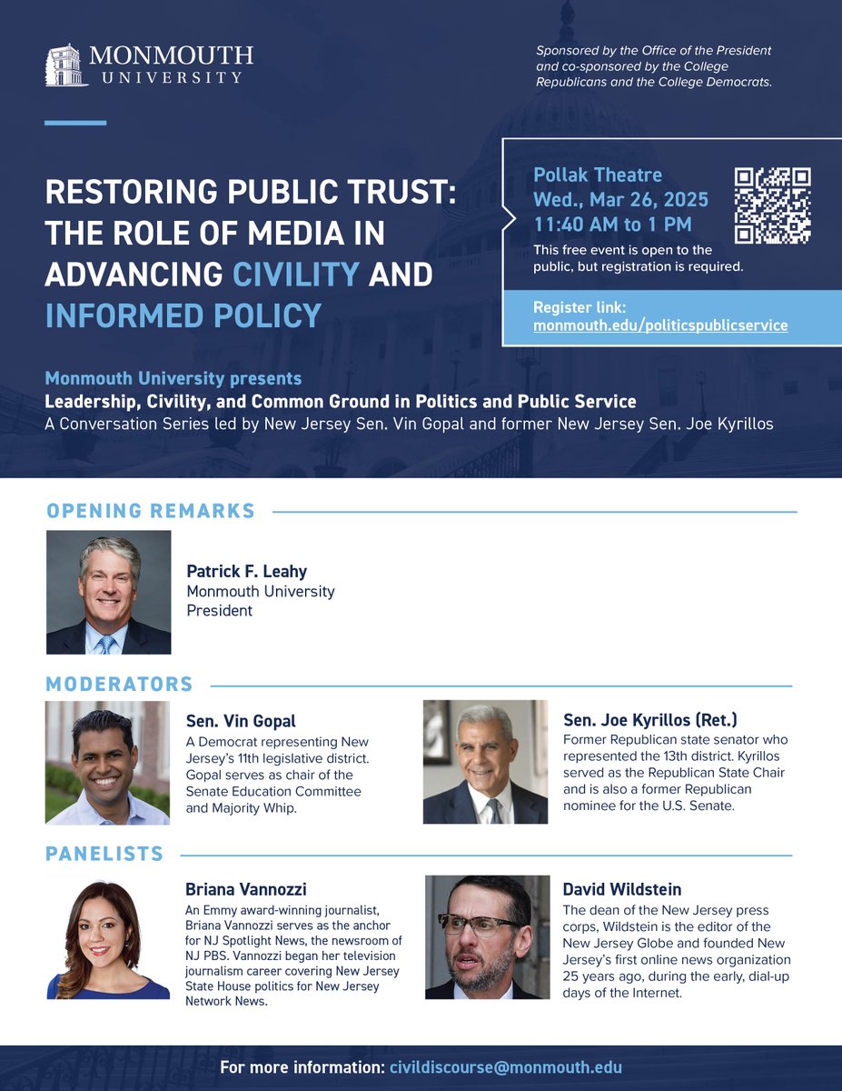 Paul Dement (@pauldement) on Twitter photo Join us on Wed., March 26th at 11:40 a.m. for a discussion led by New Jersey Sen. <a href="/vingopal/">Vin Gopal</a> and former New Jersey Sen. <a href="/joekyrillos/">Senator Joe Kyrillos</a> featuring NJ Spotlight’s <a href="/BriVannozziNJ/">Briana Vannozzi</a> and <a href="/TheNJGlobe/">New Jersey Globe</a> <a href="/wildstein/">David Wildstein</a> . This event is free. Registration required: monmouth.edu/politicspublic… Join us on Wed., March 26th at 11:40 a.m. for a discussion led by New Jersey Sen. <a href="/vingopal/">Vin Gopal</a> and former New Jersey Sen. <a href="/joekyrillos/">Senator Joe Kyrillos</a> featuring NJ Spotlight’s <a href="/BriVannozziNJ/">Briana Vannozzi</a> and <a href="/TheNJGlobe/">New Jersey Globe</a> <a href="/wildstein/">David Wildstein</a> . This event is free. Registration required: monmouth.edu/politicspublic…