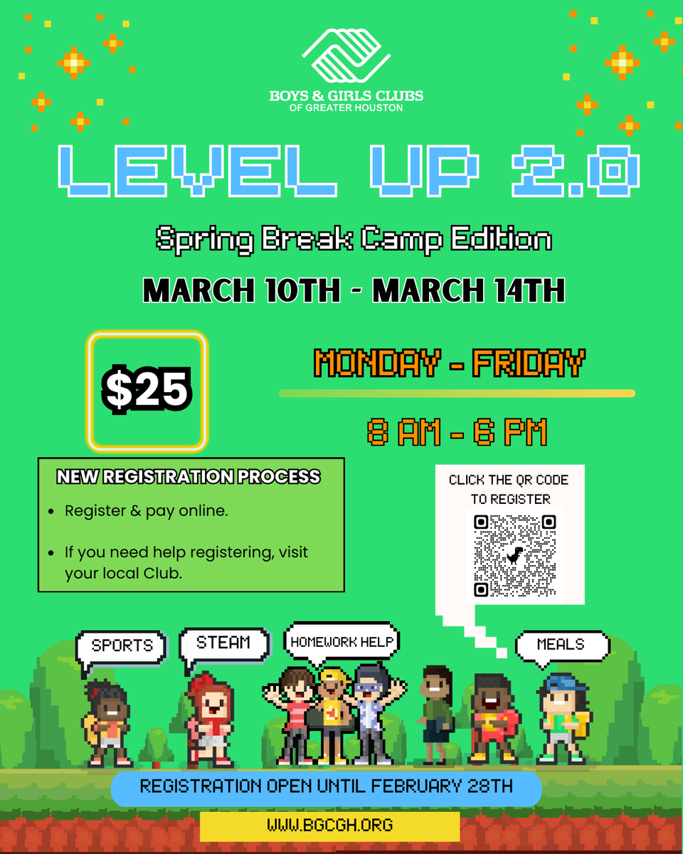 bgcghouston's tweet image. 🌟 Spring Break just got more exciting! 🌟

Join BGCGH Spring Break Camp from March 10-14, 8 AM - 6 PM! Enjoy field trips to the Rodeo 🐴, Best Shot Tournament 🏀, STEAM fun 🔬, &amp;amp; more!

Spots are limited—sign up today!
bgcgreaterhouston.my.site.com/portal

#SpringBreakCamp #BGCGH