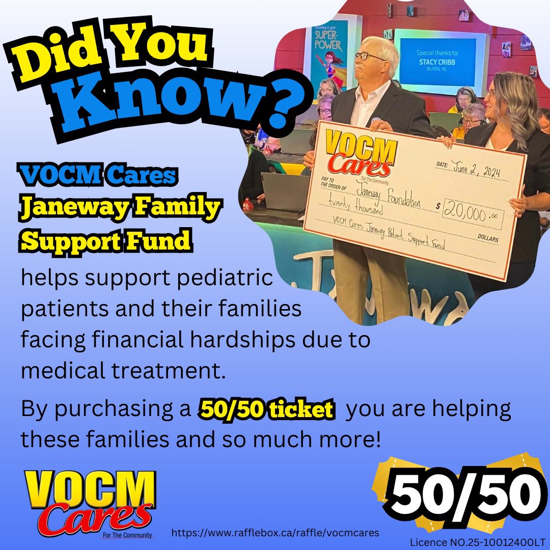 Did you know that by purchasing a Cares for the Community 50/50 ticket, you are helping raise funds for our Janeway Support Fund? ♥
🎟Get your tickets today! 
👉rafflebox.ca/raffle/vocmcar…
#VOCMCares #CaresfortheCommunity #helpingothers #LocalCharities