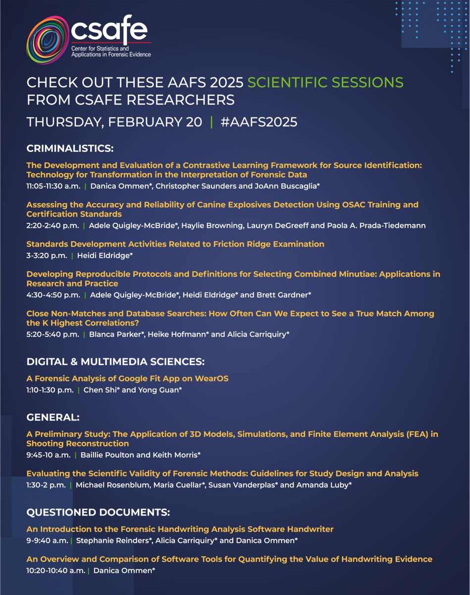 CSAFE (@csafe_coe) on Twitter photo CSAFE at #AAFS2025:
Starting Thursday morning, CSAFE Researchers will be presenting scientific sessions at <a href="/The_AAFS/">American Academy of Forensic Sciences</a> Conference.
For the full list of CSAFE sessions, go to forensicstats.org/aafs2025/
#ForensicScience #Statistics CSAFE at #AAFS2025:
Starting Thursday morning, CSAFE Researchers will be presenting scientific sessions at <a href="/The_AAFS/">American Academy of Forensic Sciences</a> Conference.
For the full list of CSAFE sessions, go to forensicstats.org/aafs2025/
#ForensicScience #Statistics