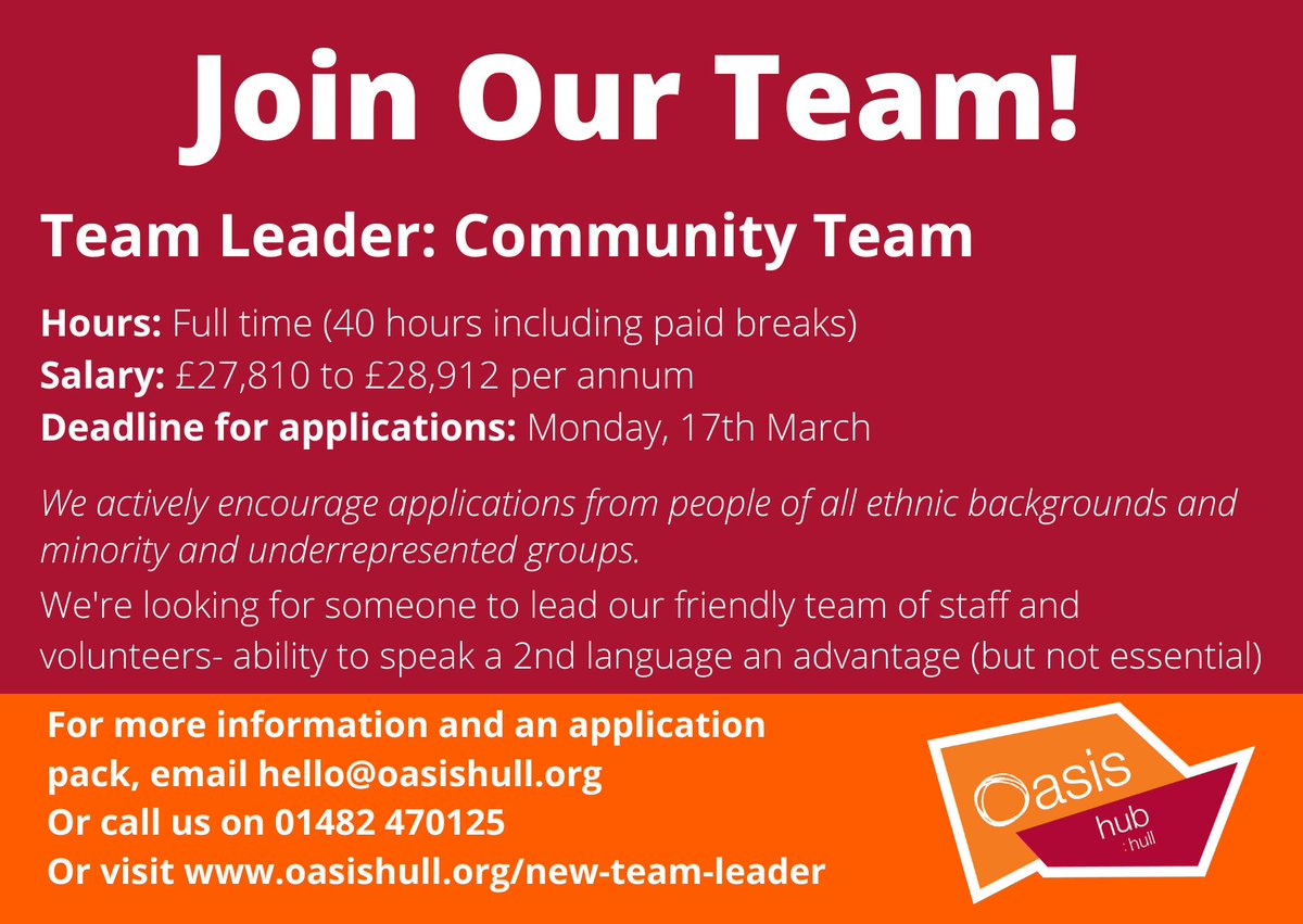 We're looking for a new Team Leader for our community team.

It’s a great opportunity to take on a leadership role while staying involved with supporting people and making a difference – no 2 days are the same and we have an amazing, diverse community.
oasishull.org/new-team-leade…