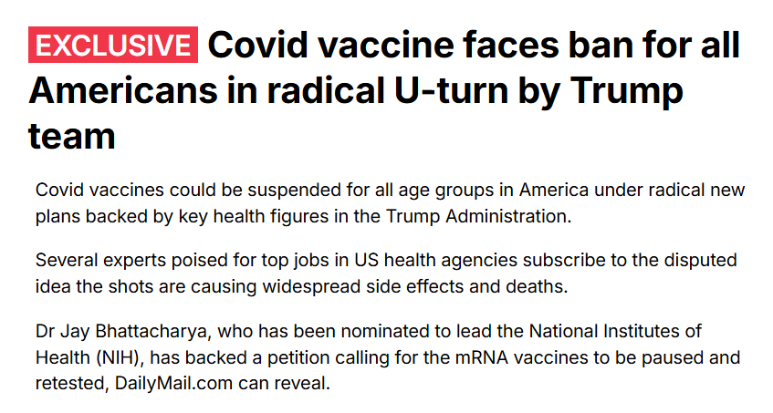 They are going to stop #COVID vaccines to "reassess" something scientists assessed multiple times. mRNA vaccines are safe and save millions of lives.

If you thought RFK Jr. was bad, wait for the new NIH director, a COVID minimizer and denialist.