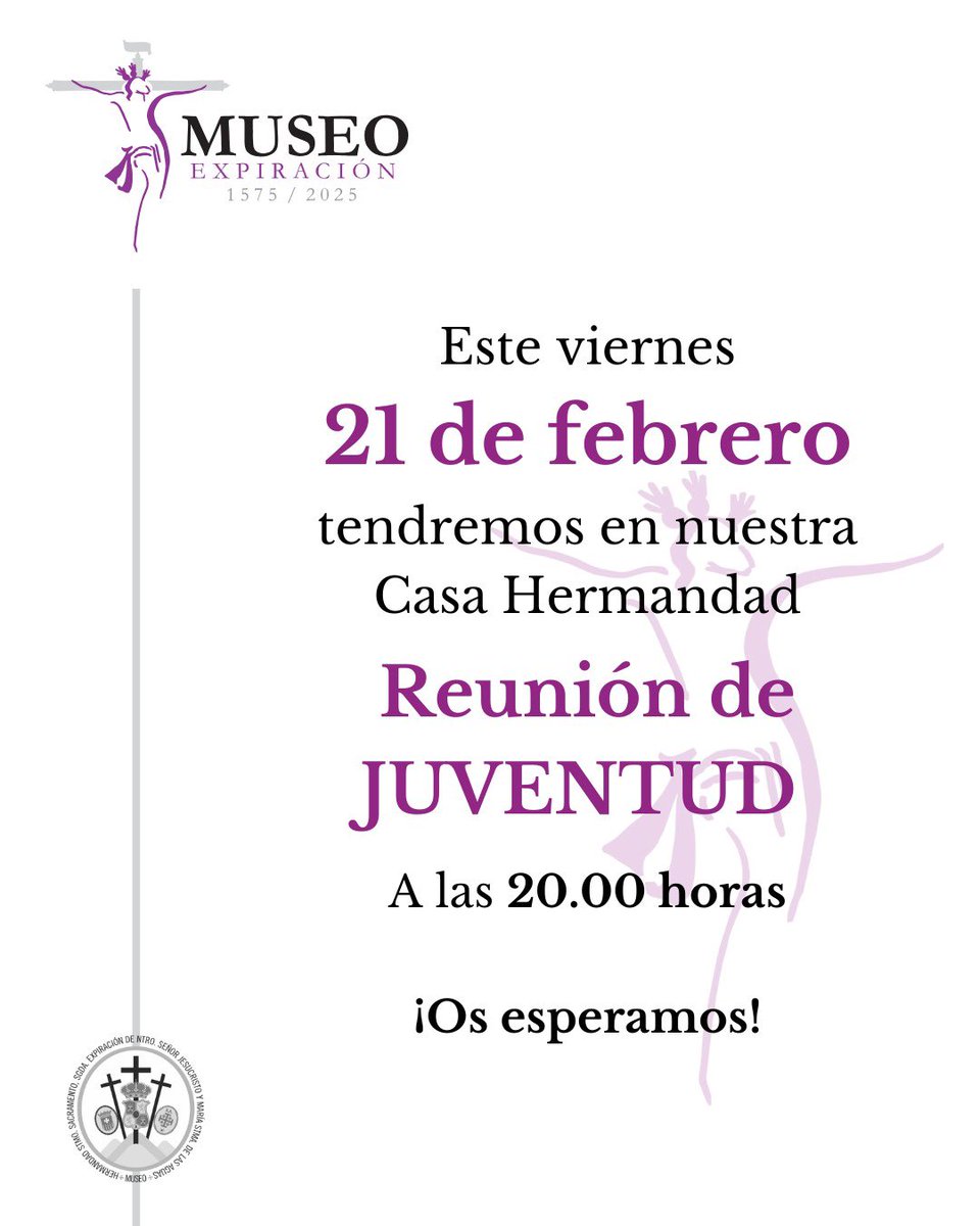 Este viernes os esperamos en la reunión de <a href="/JuventudMuseo/">GRUPO JOVEN MUSEO</a> . Si no has venido nunca y eres Hermano, no te la pierdas. Hay un gran grupo al que puedes pertenecer. #SomosMuseo