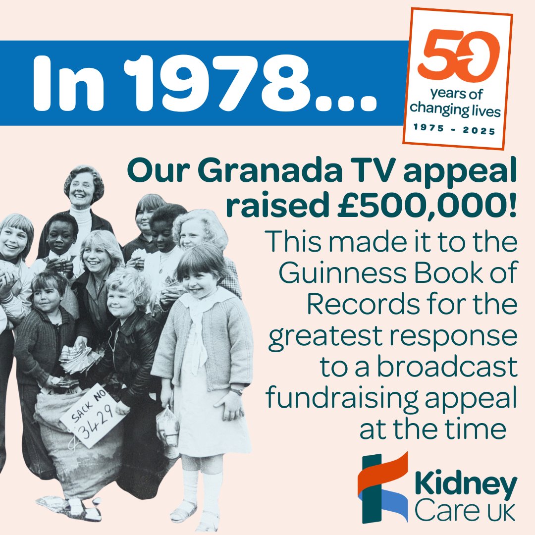 kidneycareuk's tweet photo. π° Our TV appeal broke records in 1978, raising a huge Β£500,000 (now worth about Β£3.6m!). Ready to set/beat a Guinness World Record for your 2025 fundraiser? If so, email us via: fundraising@kidneycareuk.org
Learn about our #50YearsOfChangingLives here: https://t.co/sleFPAX7Pn https://t.co/dRtdS0FvLY