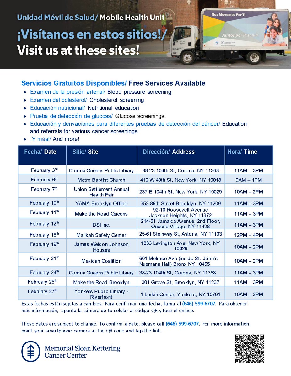 MSKCC Immigrant Health & Cancer Disparities Center (@mskihcd) on Twitter photo Here is <a href="/mskihcd/">MSKCC Immigrant Health & Cancer Disparities Center</a>'s Mobile Screening Program's schedule for the month of February. On the flyer below, you'll find our list of free services offered and the dates and locations of all our events for this month. We hope to see you at a stop near you! Here is <a href="/mskihcd/">MSKCC Immigrant Health & Cancer Disparities Center</a>'s Mobile Screening Program's schedule for the month of February. On the flyer below, you'll find our list of free services offered and the dates and locations of all our events for this month. We hope to see you at a stop near you!