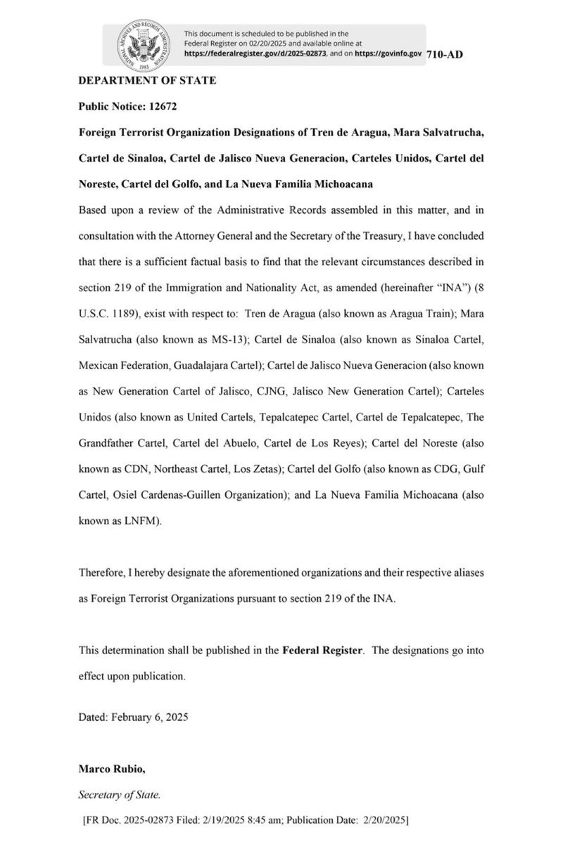 bennyjohnson's tweet image. 🚨BREAKING: The United States has officially labeled the following as Foreign Terrorist Organizations: 

- Tren de Aragua
- MS-13
- Sinaloa Cartel
- Jalisco New Generation Cartel
- United Cartels
- Gulf Cartel
- Northeast Cartel
- Michoacán Family.