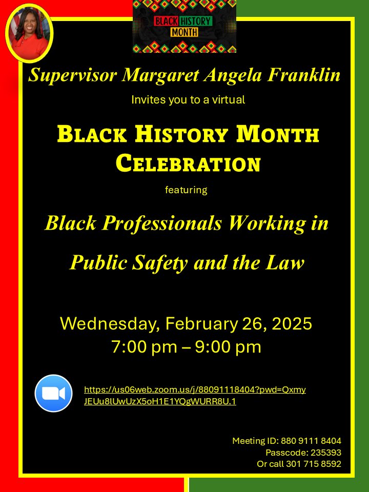 Woodbridge District 2025 Black History Month Event - Black Professionals Working in Public Safety and the Law 

Please join us as we celebrate Black History Month! It will be via zoom with our special guests to be announced soon!!! Stay tuned for more!!

us06web.zoom.us/j/88091118404?…