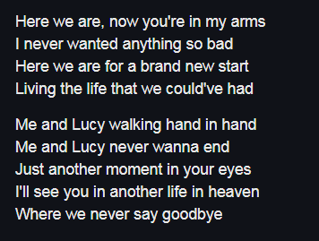 Black_Sloth_01's tweet photo. "Me and __ walking hand in hand
Me and __ never wanna end
Just another moment in your eyes
I'll see you in another life in heaven
Where we never say goodbye"
Lucy - skillet #ZaunDads #vanco #Vanderxsilco https://t.co/qc72HnykXw
