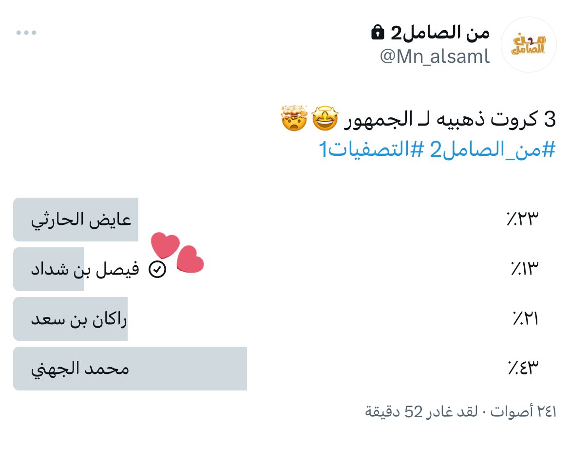 السلام ععليكم .. همتكم بتصوبت ل ألنجم فيصل بن شداد <a href="/Mn_alsaml/">نقطة تحول على الغير</a> 🔥🔥🔥🔥

القوه القوه لا بارك الله بالضعف🔥
#من_الصامل2 || #التصفيات1