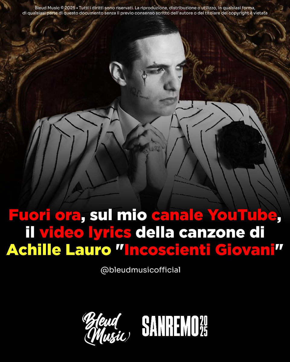 bleudmusic's tweet photo. Fuori ora, sul mio canale YouTube, il video lyrics della canzone di @AchilleIdo "Incoscienti Giovani"⬇️
https://t.co/tKa5M6TJPX

#bleudmusic #achillelauro #incoscientigiovani #sanremo2025 #testo #lyrics #youtube https://t.co/dyRroze1HP