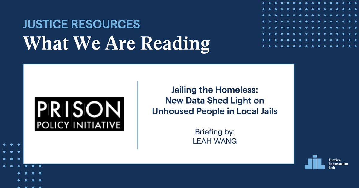 Justice Innovation Lab (@lab4justice) on Twitter photo In a recent <a href="/PrisonPolicy/">Prison Policy Initiative</a> briefing, “Jailing the homeless: New data shed light on unhoused people in local jails,” Leah Wang explains that the <a href="/jaildatainit/">Jail Data Initiative</a> is collecting present-day data from roughly 900 jails. Read more here: prisonpolicy.org/blog/2025/02/1… In a recent <a href="/PrisonPolicy/">Prison Policy Initiative</a> briefing, “Jailing the homeless: New data shed light on unhoused people in local jails,” Leah Wang explains that the <a href="/jaildatainit/">Jail Data Initiative</a> is collecting present-day data from roughly 900 jails. Read more here: prisonpolicy.org/blog/2025/02/1…