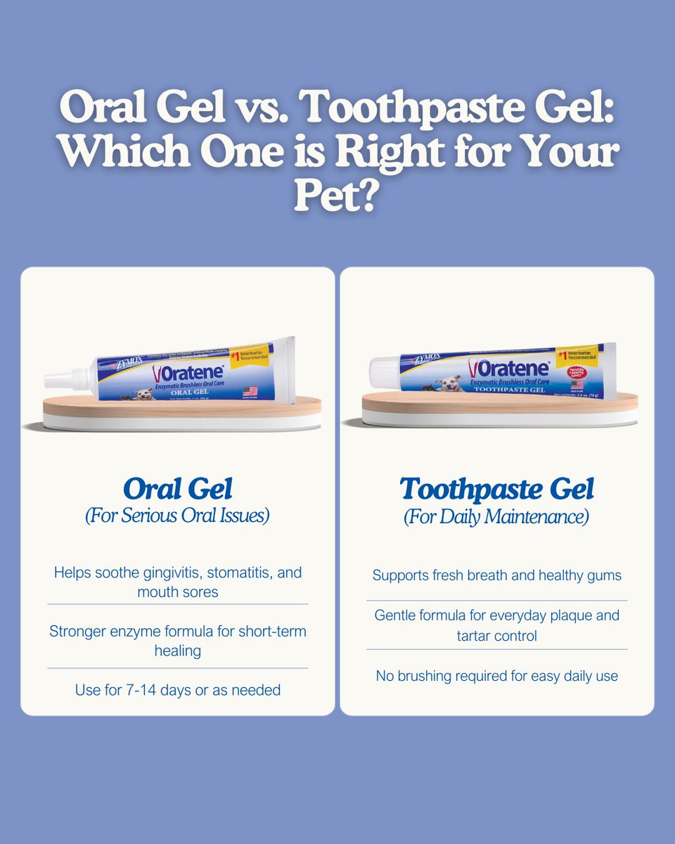 🦷 Oral care made simple!  Not sure which ZYMOX® product to use? Here’s the difference! 

✨ Oral Gel – For short-term relief of serious oral issues like gingivitis &amp; stomatitis.
🪥 Toothpaste Gel – For daily maintenance to keep breath fresh &amp; gums healthy!

Both are brushless,