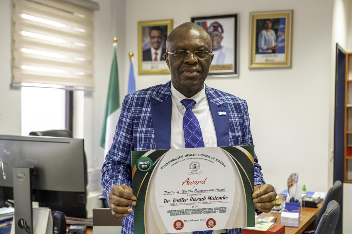 WMulombo's tweet photo. Proud and deeply honored that HE President @officialABAT found me worthy to receive the Frontier of Healthy Environment Award. This was at the 2025 Environmental Health Excellency Awards ceremony yesterday. I’m grateful to all my colleagues @WHONigeria to whom I dedicate this awards. This is indeed a testament of the positive impact our collective work is having through our work across sectors. @DrTedros @Chikwe_I @MohamedFall @UN_Nigeria @AminaJMohammed @WHO @muhammadpate @Fmohnigeria @NCDCgov @NphcdaNG