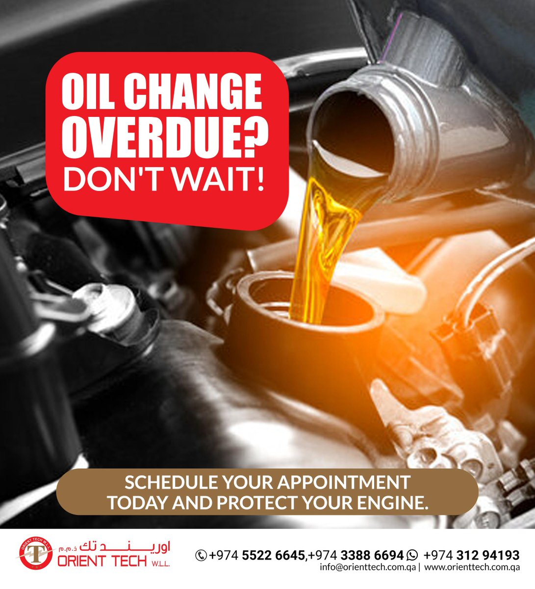 OrienttechMe's tweet image. Is your oil change overdue? ⏳🔧

Don&apos;t wait! Regular #oilchanges keep your engine running smoothly and extend its lifespan. Schedule your appointment today with #OrientTech and protect your vehicle!

WhatsApp us: [+97433889968] to book an appointment