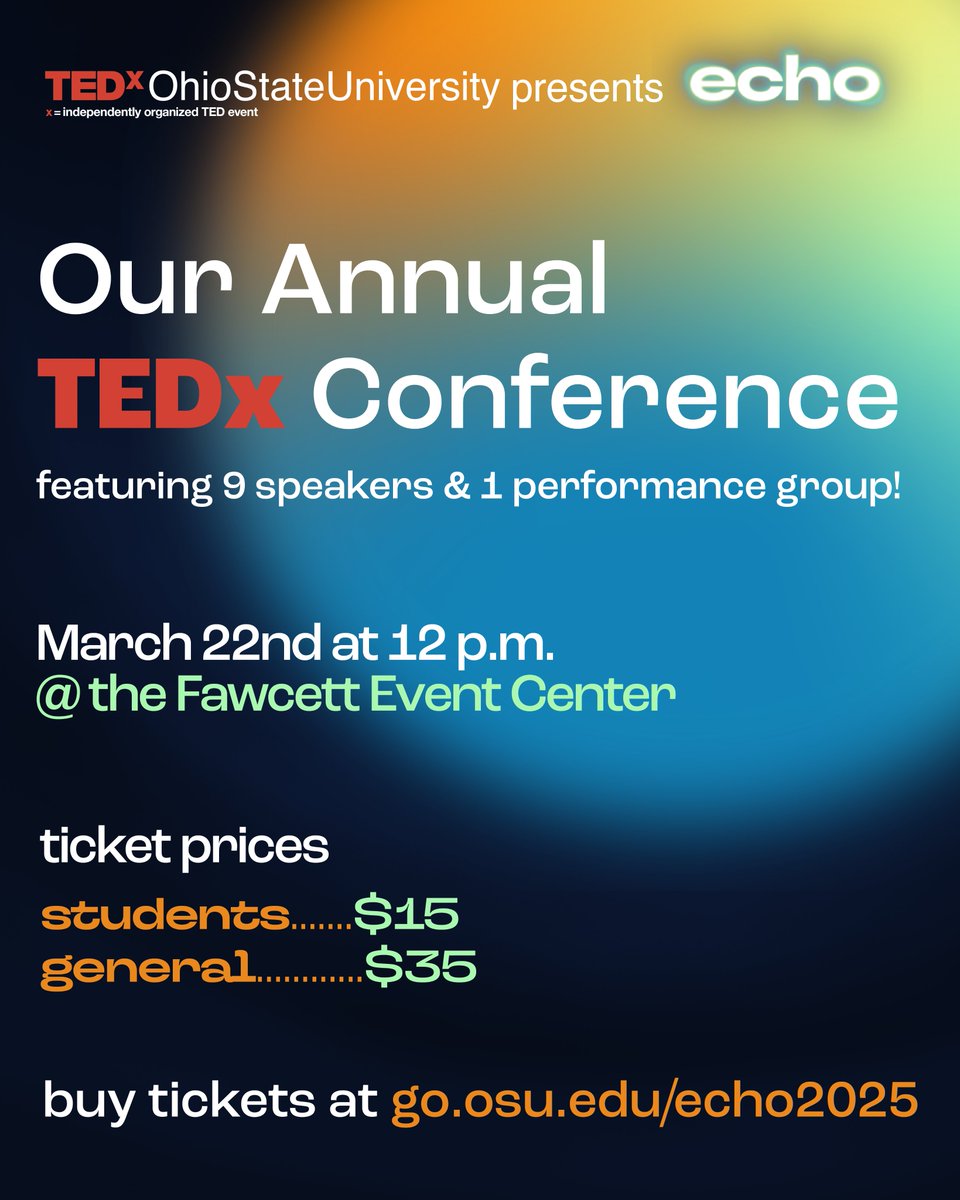We have some exciting news! TEDxOhioStateUniversity is hosting its annual conference, Echo, on March 22nd! We will have 9 live speakers and one amazing performance group! Tickets are on sale now: (tedxohiostate.wixsite.com/tedxohiostateu…) #tedx <a href="/OhioState/">Ohio State</a>