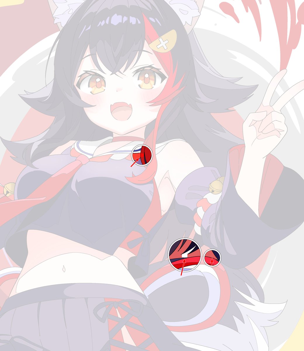 で、渦中の大神ミオさんの絵にはこの不審な線はそんなに無かったんだけれど、代わりといっては何だが「そこ、塗り漏らすかね?」というような箇所にやけに直線的な塗り漏らしがあった
塗りつぶしツールで漏らすような部分でもないしなぁ… 