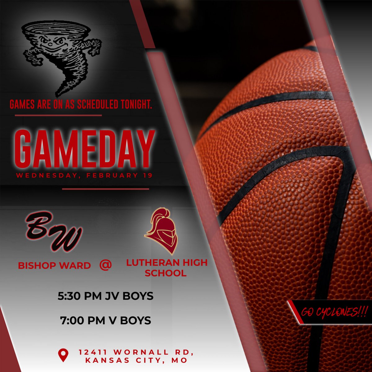 Do you have cabin fever?  Get out of the house this evening to support your Cyclones.  Games are on tonight as scheduled at Lutheran High School.