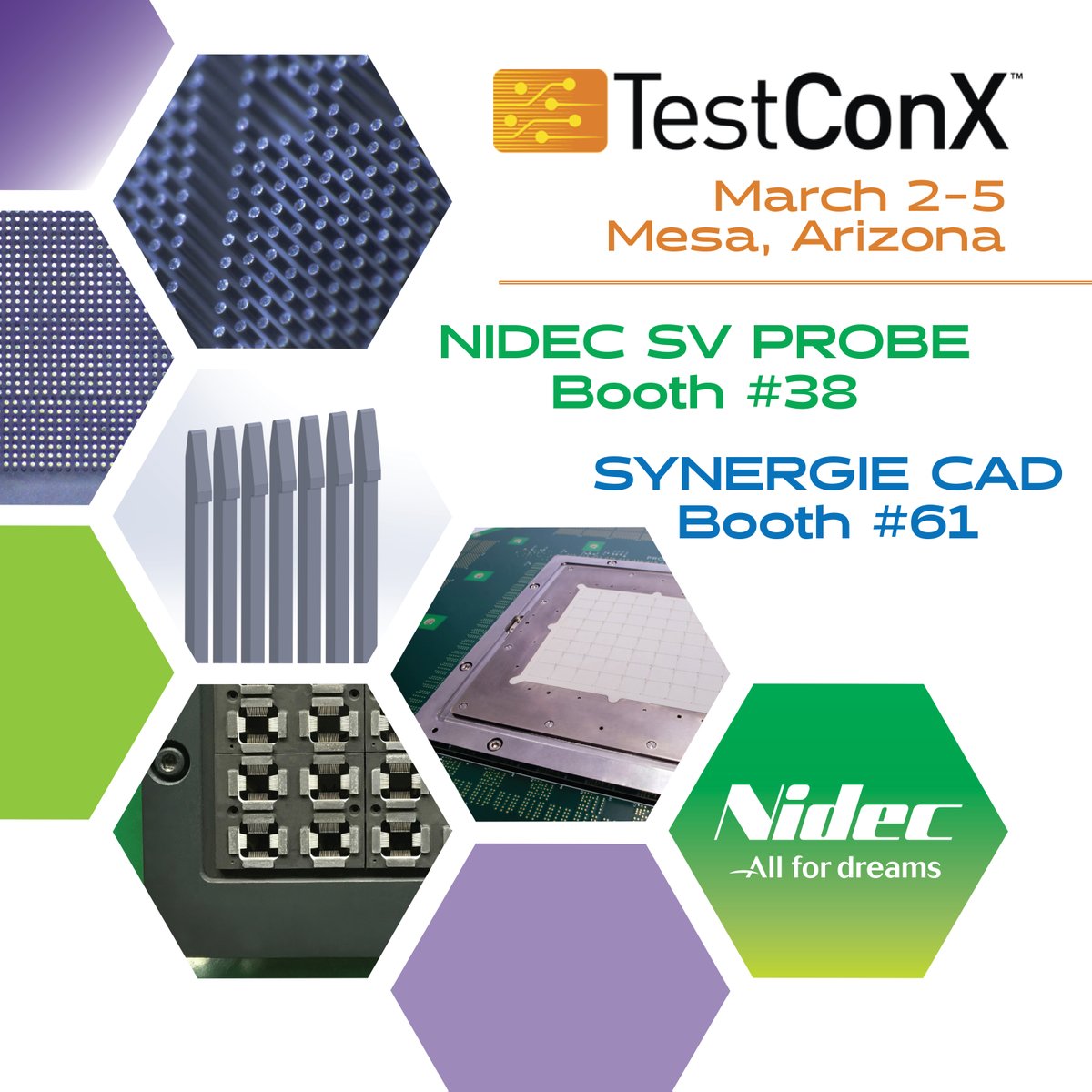 nidecsvprobe's tweet image. Nidec SV Probe is gearing up for @TestConX , less than 2 weeks to go! Stop by our Booth, 38, to check out our newest test solutions! And don’t forget to visit our partner, Synergie Cad at Booth 61! We hope to see you there!
#semiconductortest #probecards #MEMS #PCBs #turnkey