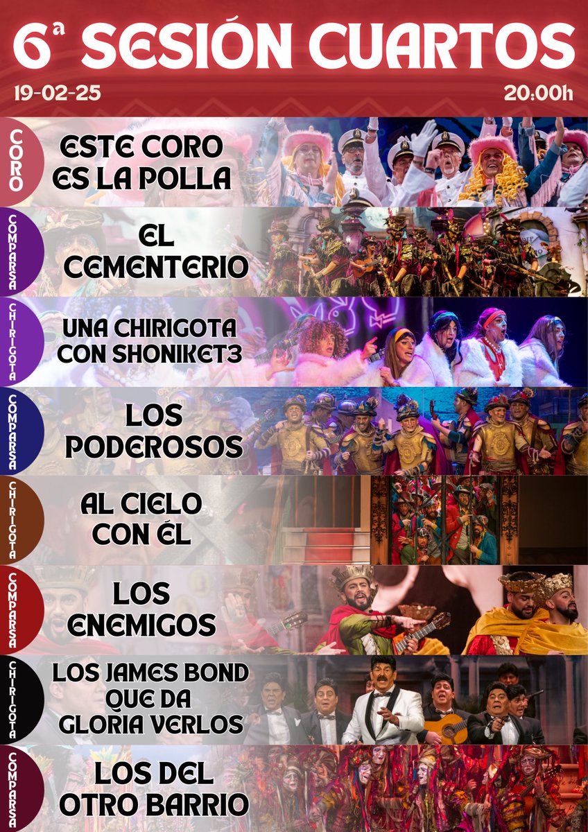 📋Orden de actuación de la sexta sesión de Cuartos de Final del #COAC2025

⬇️⬇️
#COAC2025C6