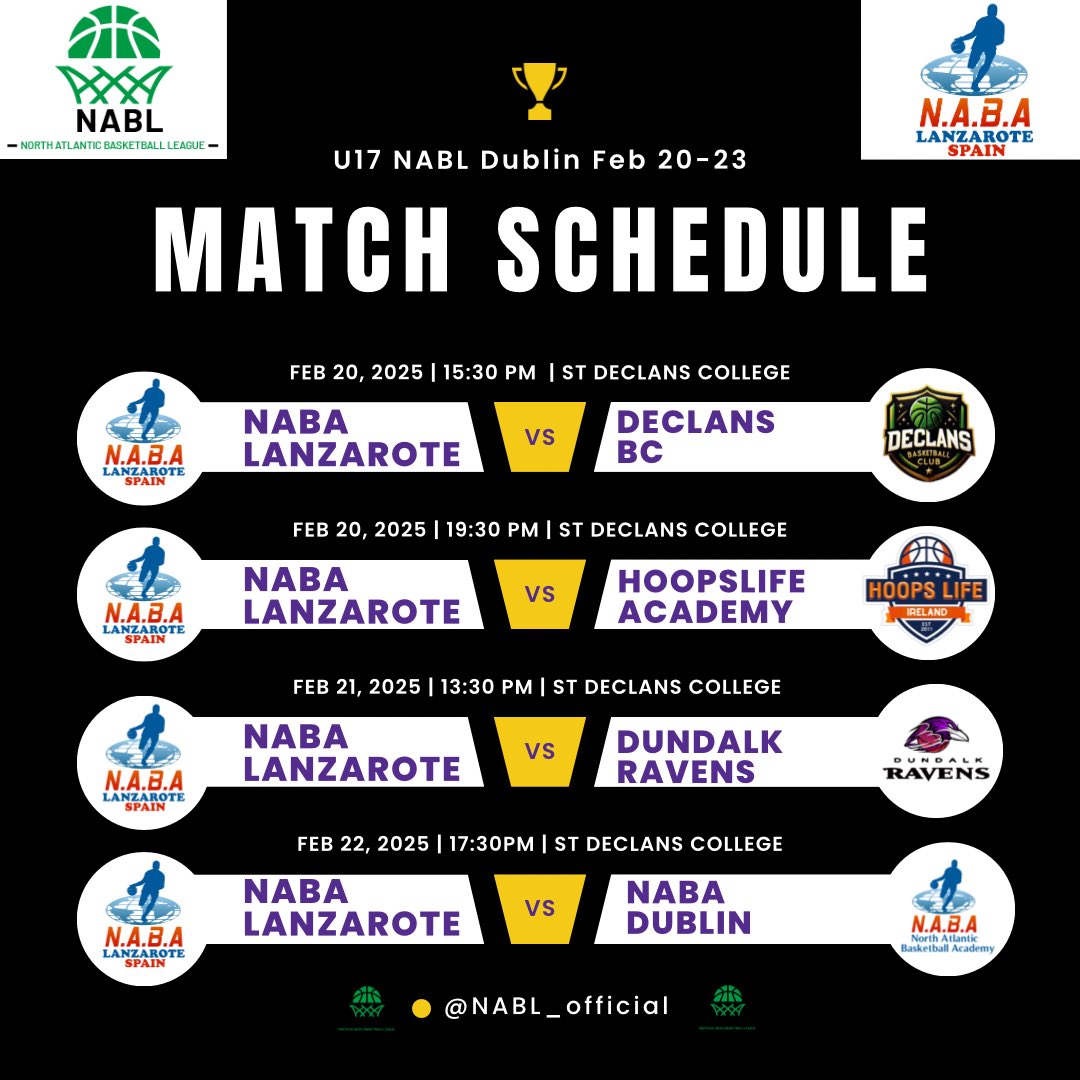 Our NABA U17 Teams from Dublin 🇮🇪 &amp; Lanzarote 🇪🇸 are in action this week at the U17 NABL Stage 1 in Dublin. 

Good luck to both teams 🔥
#NABA #NABAFAMILY