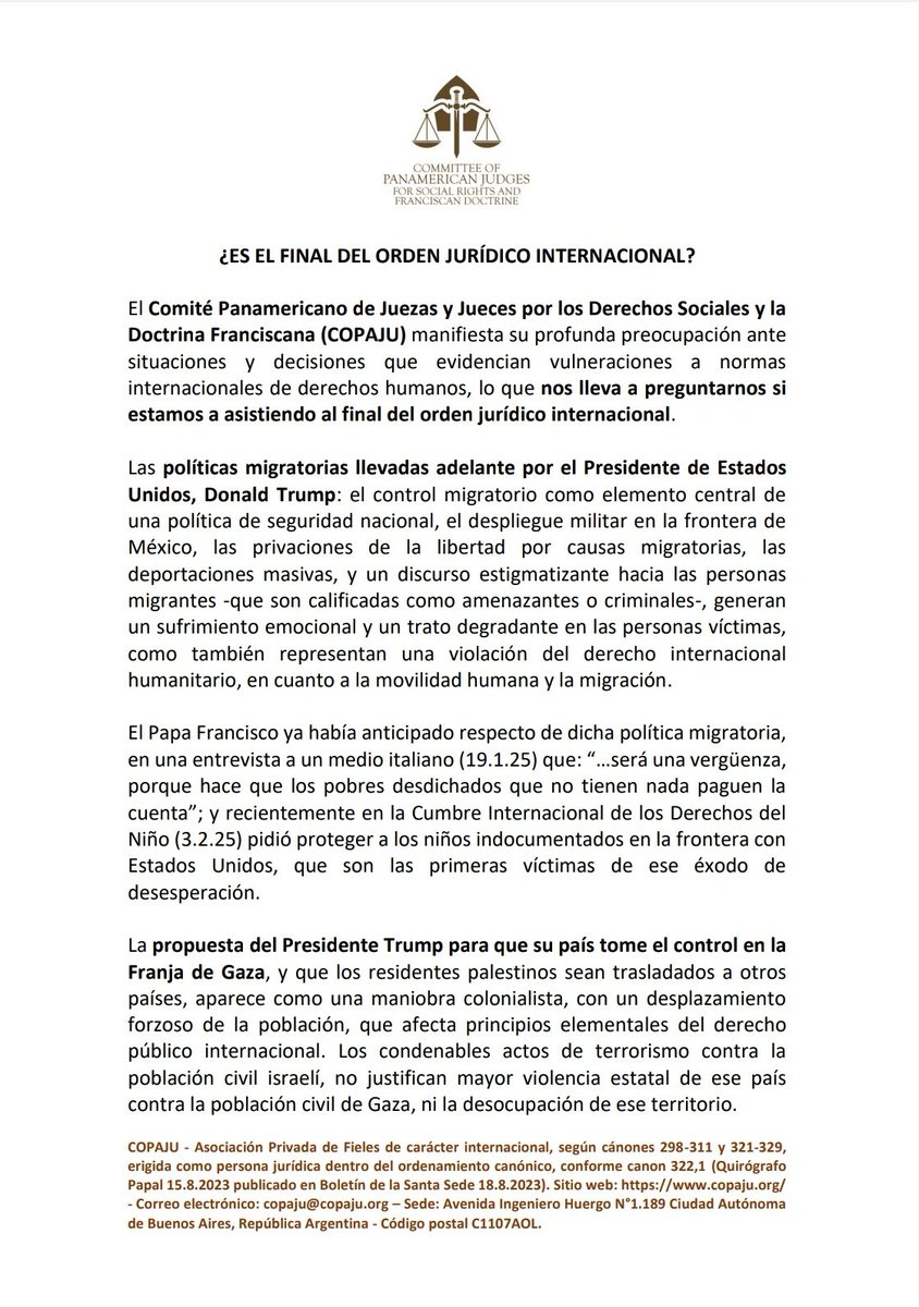 COPAJUtwit's tweet photo. 🗣️ ¿ES EL FINAL DEL ORDEN JURÍDICO INTERNACIONAL?

👉🏼 Declaración del Comité Panamericano de Juezas y Jueces por los Derechos Sociales y la Doctrina Franciscana (#COPAJU). https://t.co/6Lj5iaKaiJ