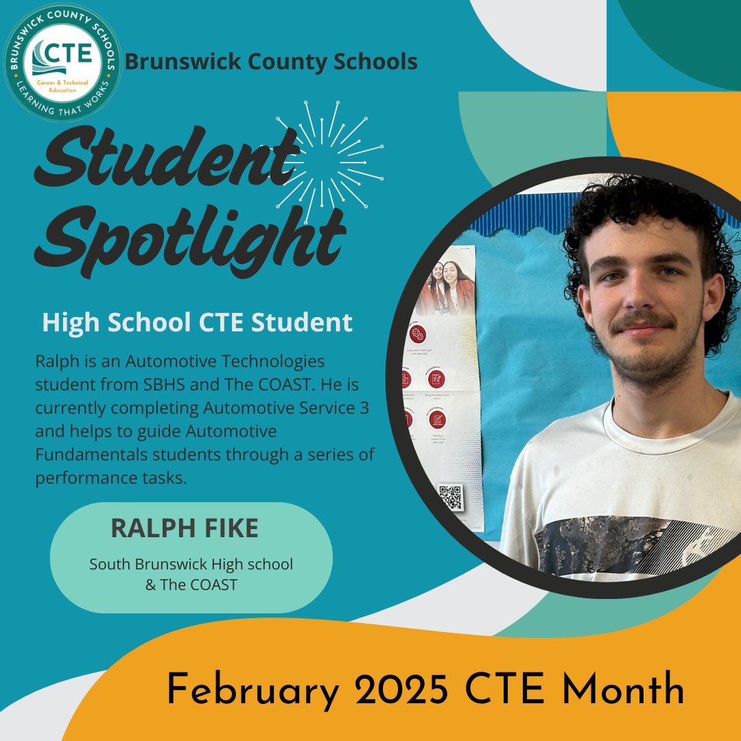 Tuesday's Brunswick County Schools CTE High School student spotlight is Ralph Fike from South Brunswick High School and the COAST. Congrats Ralph!

Check back each day this month for more CTE Spotlights!

#BrunswickBuilt #CTEforNC