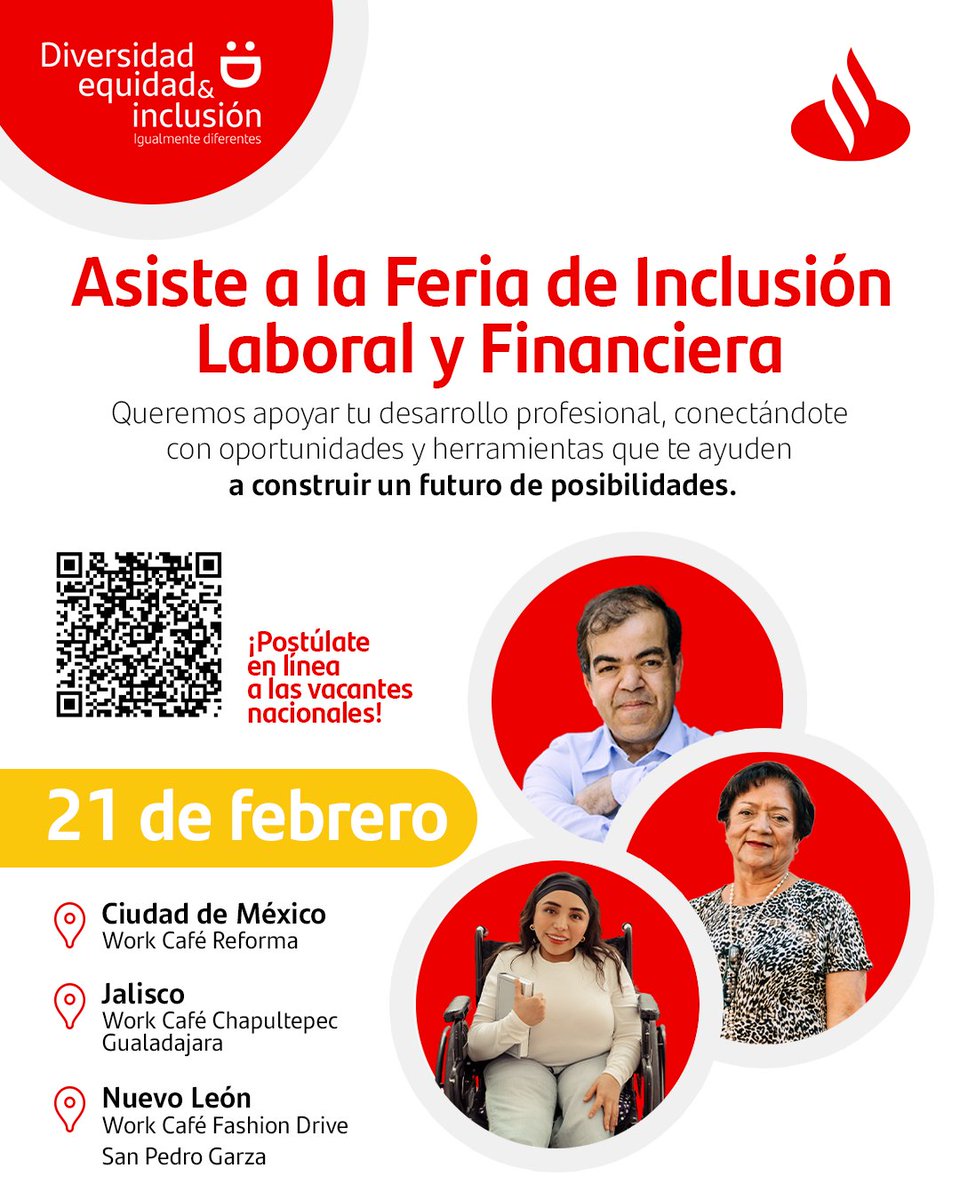 Santander México (@santandermx) on Twitter photo Te invitamos a sumarte a la primera Feria de Inclusión Laboral y Financiera, un espacio diseñado para conectar talento con oportunidades y acompañar a las personas en su desarrollo profesional, así como fortalecer su bienestar financiero.
Agenda
Durante todo el evento: Difusión Te invitamos a sumarte a la primera Feria de Inclusión Laboral y Financiera, un espacio diseñado para conectar talento con oportunidades y acompañar a las personas en su desarrollo profesional, así como fortalecer su bienestar financiero.
Agenda
Durante todo el evento: Difusión