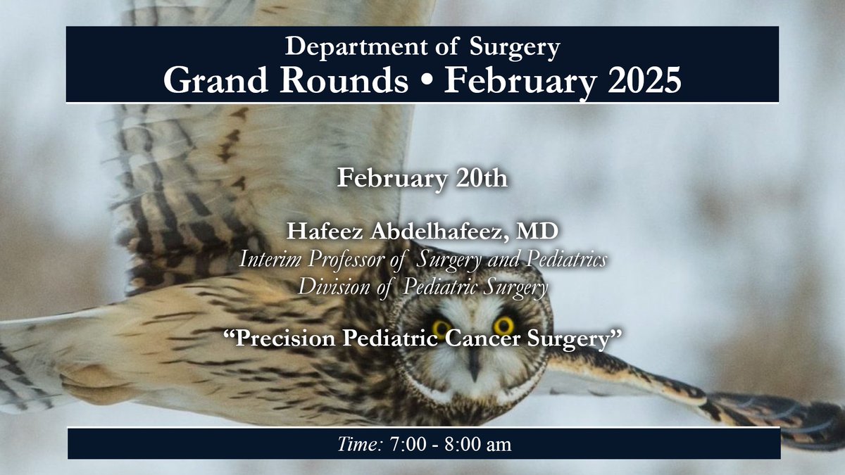 URMC Department of Surgery (@urochestersurg) on Twitter photo Grand Rounds Tomorow:
Hafeez Abdelhafeez, MD speaking on
"Precision Pediatric Cancer Surgery"
<a href="/URMCSurgery/">URMC Surgery Residents</a> <a href="/URochester_SMD/">URochester SMD</a> <a href="/URMed_GCH/">Golisano Children's Hospital</a> <a href="/babesrjn/">Marjorie Arca</a> <a href="/DerekWakemanMD/">Derek Wakeman</a> <a href="/docwilson13/">Nicole Wilson</a> Grand Rounds Tomorow:
Hafeez Abdelhafeez, MD speaking on
"Precision Pediatric Cancer Surgery"
<a href="/URMCSurgery/">URMC Surgery Residents</a> <a href="/URochester_SMD/">URochester SMD</a> <a href="/URMed_GCH/">Golisano Children's Hospital</a> <a href="/babesrjn/">Marjorie Arca</a> <a href="/DerekWakemanMD/">Derek Wakeman</a> <a href="/docwilson13/">Nicole Wilson</a>