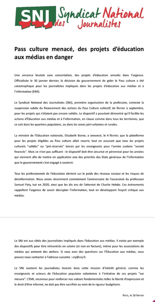 vinclanier's tweet photo. La décision du gouvernement de geler le Pass Culture est une catastrophe pour les journalistes impliqués dans les projets d'éducation aux médias et à l'information (EMI), dispositifs dont l'utilité publique n'est plus à démontrer 
🫤 
COMMUNIQUÉ du SNJ ⬇️ 
https://t.co/1FNOpoDflJ https://t.co/mDWjQd28DM