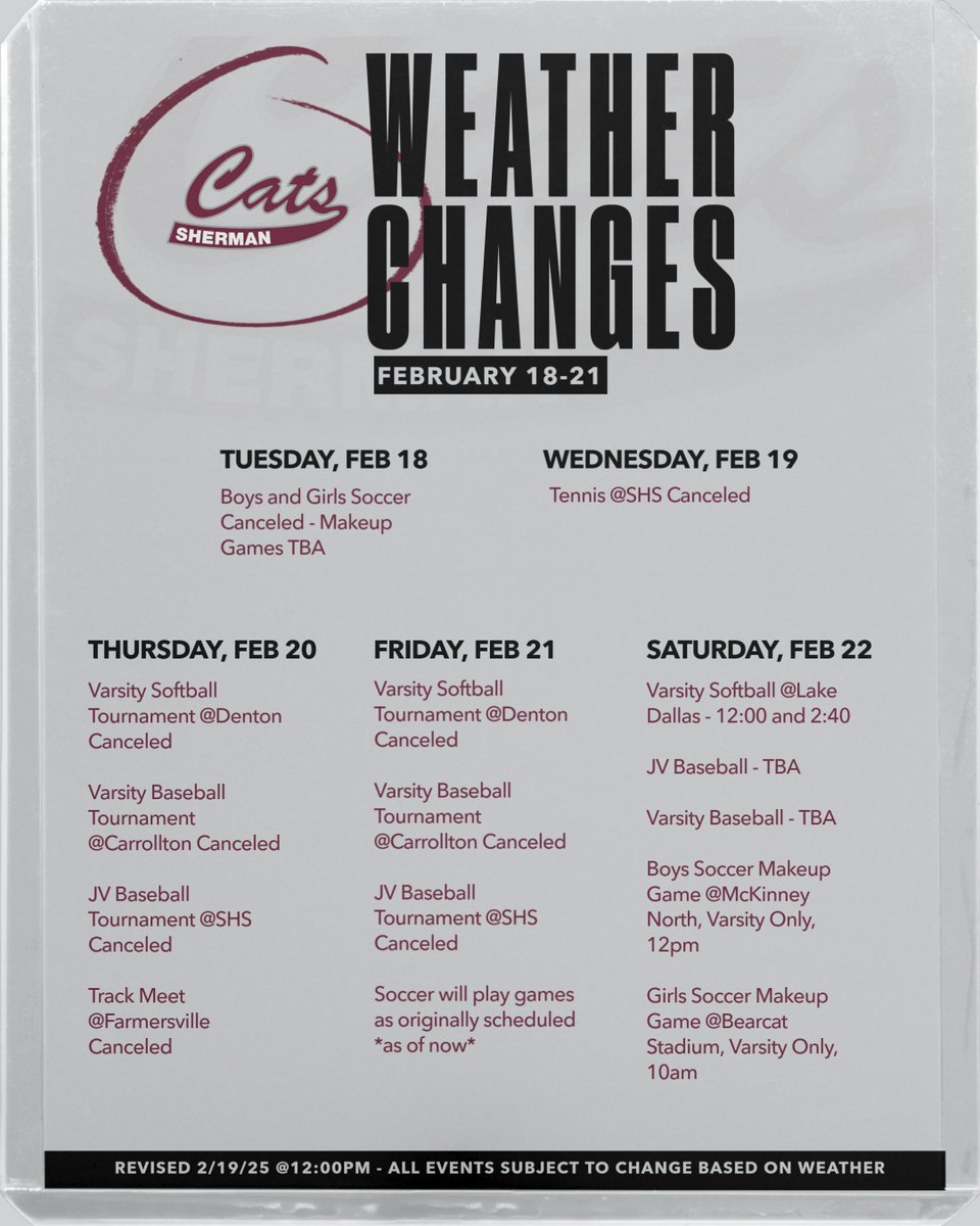There have been additional changes to the athletic events due to weather!  As always, make sure you are checking your SportsYou app for the latest updates for your sport.  Stay tuned for more updates as the weather develops. Go Cats!  #StayWarm