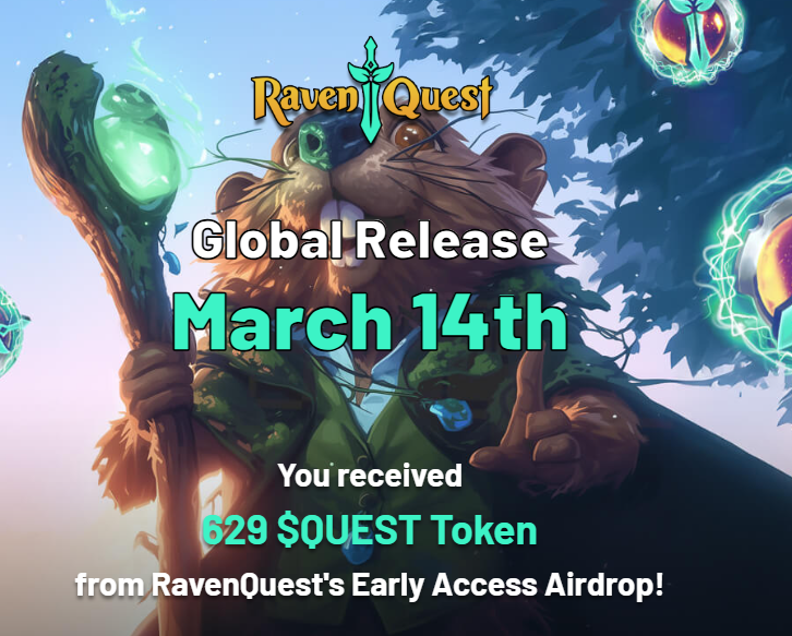 Getting some quest token to use when <a href="/RavenQuestGame/">RavenQuest</a> goes live. March 14 is the big day, web3 gaming will be changed forever! 🪙