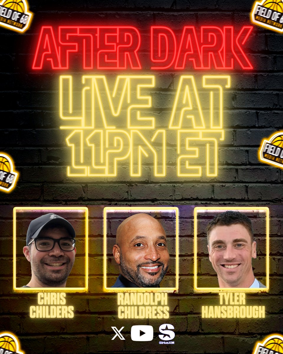 The Field of 68 (@thefieldof68) on Twitter photo 🚨 AFTER DARK TONIGHT! 🚨
Join <a href="/ChildersRadio/">Chris Childers</a>, <a href="/r22childress/">Randolph Childress</a> and <a href="/THANS50/">Tyler Hansbrough</a> at 11pm ET as they recap ALL of tonight's LOADED college hoops slate! 👀
TUNE IN:
youtube.com/live/aCfygored… 🚨 AFTER DARK TONIGHT! 🚨
Join <a href="/ChildersRadio/">Chris Childers</a>, <a href="/r22childress/">Randolph Childress</a> and <a href="/THANS50/">Tyler Hansbrough</a> at 11pm ET as they recap ALL of tonight's LOADED college hoops slate! 👀
TUNE IN:
youtube.com/live/aCfygored…