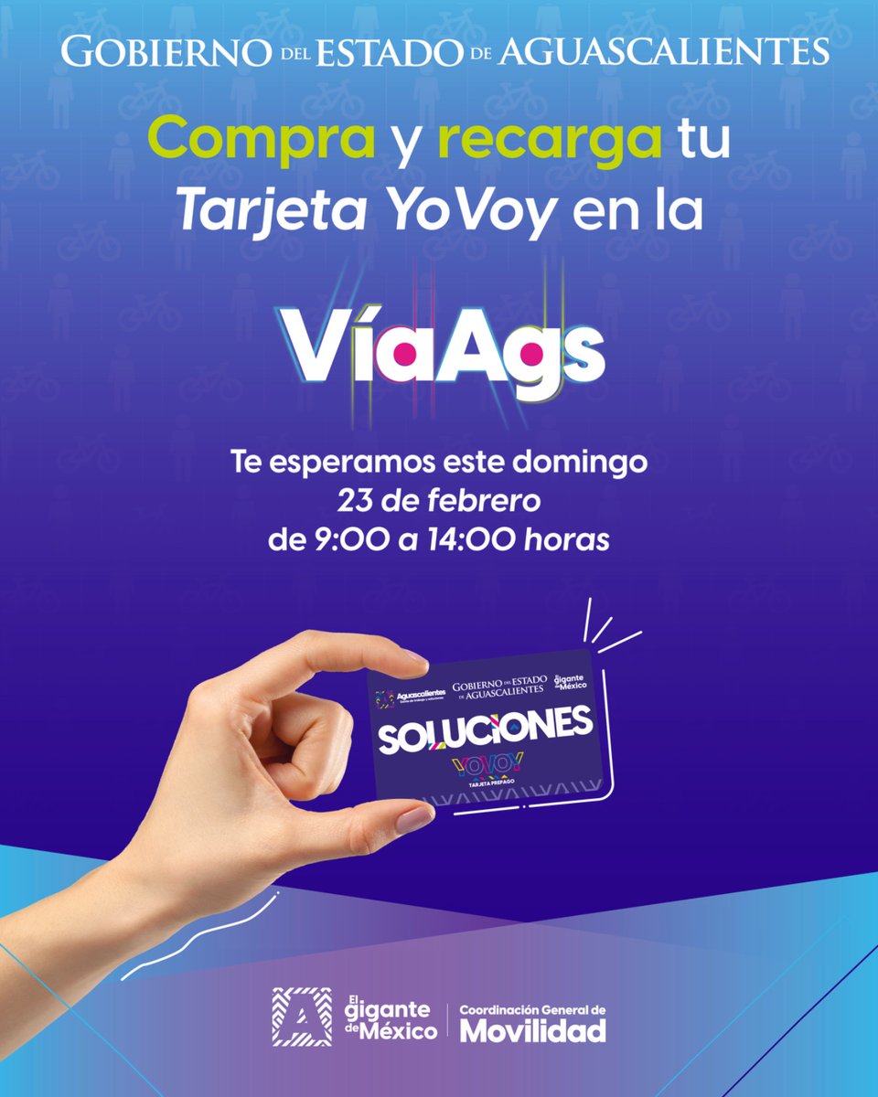 Ahora podrás adquirir la Tarjeta Soluciones YoVoy y realizar recargas de saldo en la VíaAgs, donde se instalará un módulo para atender a los usuarios del transporte público.

Te esperamos este domingo 23 de febrero de 9:00 a 14:00 horas.

#ElGiganteDeMéxico #VíaAgs