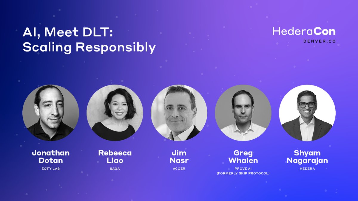 Join us at HederaCon and hear insights you won't get anywhere else!

The panel 'AI, Meet DLT: Scaling Responsibly' is bringing together Jonathan Dotan (<a href="/EQTYLab/">EQTY Lab</a>), <a href="/beccaliao/">Rebecca Liao ⛋</a> (<a href="/Sagaxyz__/">Saga ⛋</a>), <a href="/jnasr/">Jim Nasr</a> (<a href="/acoerco/">acoer</a>), Greg Whalen (<a href="/ProveAI/">ProveAI</a>), and <a href="/shyamnagarajan/">Shyam Nagarajan</a> (Hedera) to explore how DLT